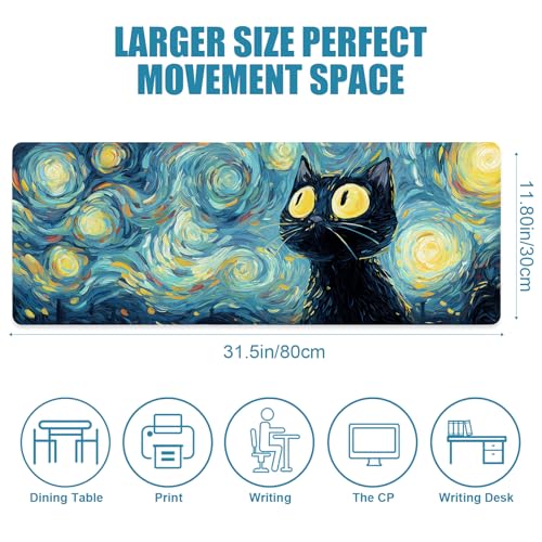 Gaming Mouse Pad, Big Cute Mousepad, XL Large Extended Desk Mat with Non-Slip Rubber Base, Laptop Desk Pad, Computer Keyboard Mat Office&Home, 31.5x11.8in, Starry Night Black Cat - color: Starry Night Cat