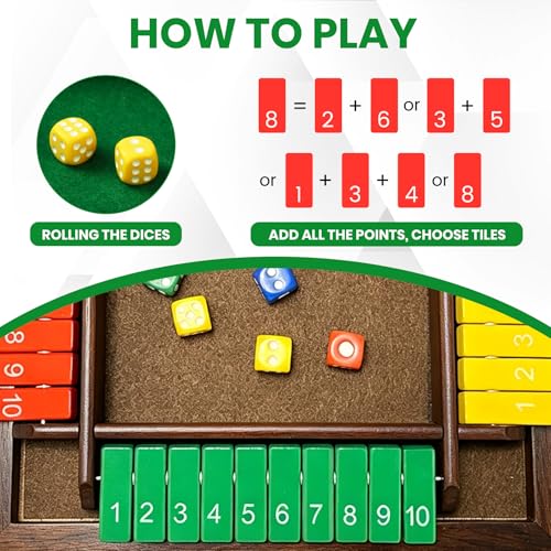 Shut The Box Dice Game, Wooden Strategy Board Game for 2-4 Players, Brown | Tabletop Math Game, 8 Dice Included, Velvet Storage Bag, Solid Wood Board, Family Game Night, Pub Game - style: Classic