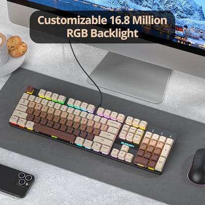 Full Size Mechanical Keyboard, Creamy Keyboard with Number Pad, 104 Keys Wired Gaming Keyboard with Red Switch, RGB Backlit for PC Laptop - color: Brown