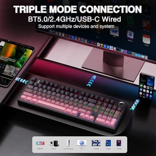 AULA F99 Pro Wireless Mechanical Keyboard with Knob,Tri-Mode BT5.0/USB-C/2.4GHz Hot Swappable Keyboard,Gasket Structure,Creamy Sound,RGB Backlit Computer Gaming Keyboards - color: Side Printed Pink