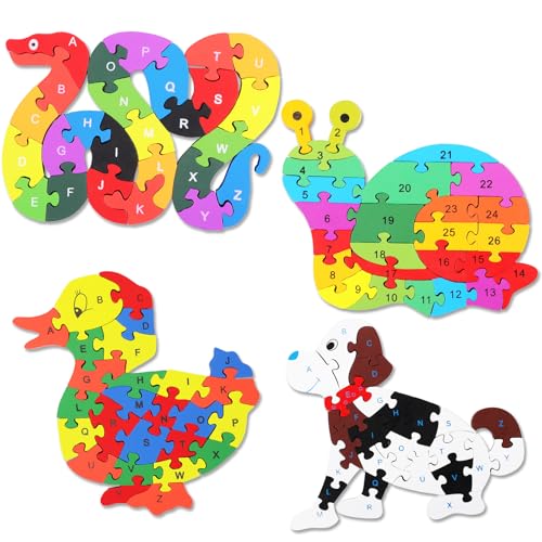 Yunsailing 4 Pcs Alphabet Jigsaw Puzzle Wooden Blocks Toys Alphabet Educational Toddler Puzzle Toys for Preschool Learning Party Favor Gift Learning(Snake, Snail, Duck, Dog) - style: Snake, Snail, Duck, Dog