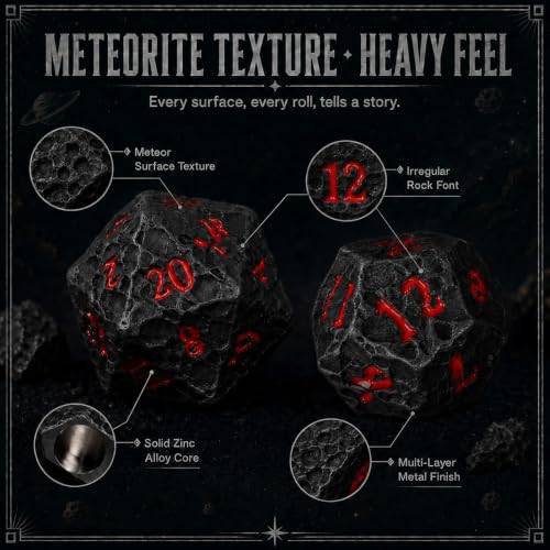 Asteroid Metal DND Dice Set, 7-Piece Polyhedral Dice | Solid zinc alloy dice with meteor texture, heavy feel, easy-read numbers, and storage box for tabletop gaming - color: Black and Red