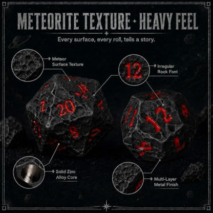 Asteroid Metal DND Dice Set, 7-Piece Polyhedral Dice | Solid zinc alloy dice with meteor texture, heavy feel, easy-read numbers, and storage box for tabletop gaming - color: Black and Red