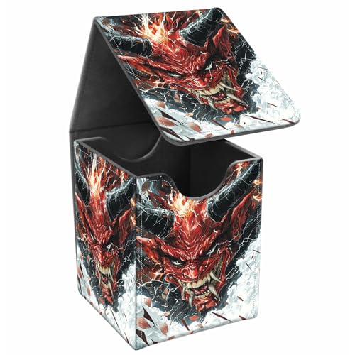 Card Deck Box, Card Storage Box Fits 100+ Single Sleeved Cards, Large Capacity PU Leather Card Storage Box with Strong Magnet for Magic Commander TCG/CCG, Fierce Red Demon - color: Fierce Red Demon