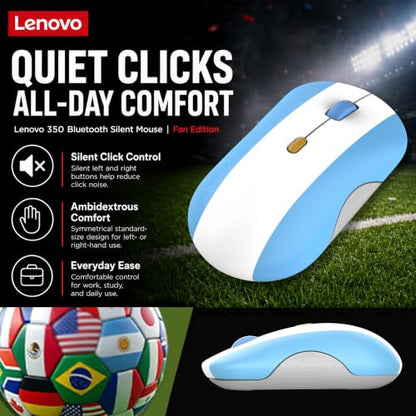 Lenovo 350 Bluetooth Silent Mouse (Fan Edition), Wireless Ergonomic Ambidextrous Design, Bluetooth 5.3, Adjustable DPI up to 2400, 36 Month Battery Life, Recycled Materials, Argentina Flag - color: Argentina Flag