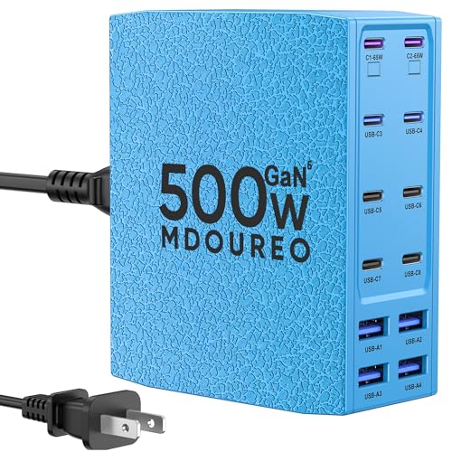 500W USB C Charger Block, 12-Port USB C Charging Station for Multiple Devices, Leather Texture Dual PD 65W Laptop Fast Charger Compatible with MacBook Pro/Air, iPad, iPhone,Galaxy and More,Blue - color: Blue, size: 5 feet