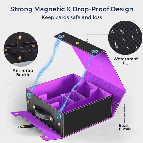 Cieex Trading Card Storage Box with Handle, 3-Row Cards Box for Sport Card | Fits 2100+ Single Sleeved, Commander Cards Box for MTG TCG, Foldable Card Holder with 1 Small Card Case 10 Divider 3 Stopper