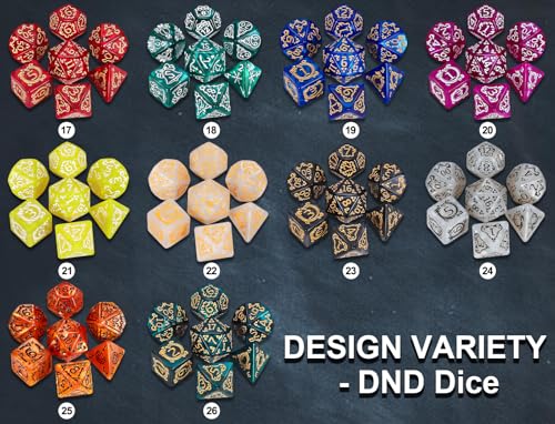CiaraQ Polyhedral Dice with Engraved Designs & Drawstring Pouch | 26 acrylic dice sets – 182 pcs total, 7 per set (D4-D20). Lightweight & durable. Great for D&D & tabletop games. Ages 14+. - color: 26 Colors - Engraved Pattern Style