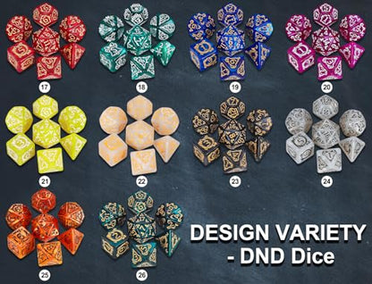CiaraQ Polyhedral Dice with Engraved Designs & Drawstring Pouch | 26 acrylic dice sets – 182 pcs total, 7 per set (D4-D20). Lightweight & durable. Great for D&D & tabletop games. Ages 14+. - color: 26 Colors - Engraved Pattern Style