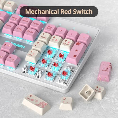 Full Size Mechanical Keyboard, Creamy Keyboard with Number Pad, 104 Keys Pink Wired Gaming Keyboard with Red Switch, RGB Backlit for PC Laptop - color: Pink