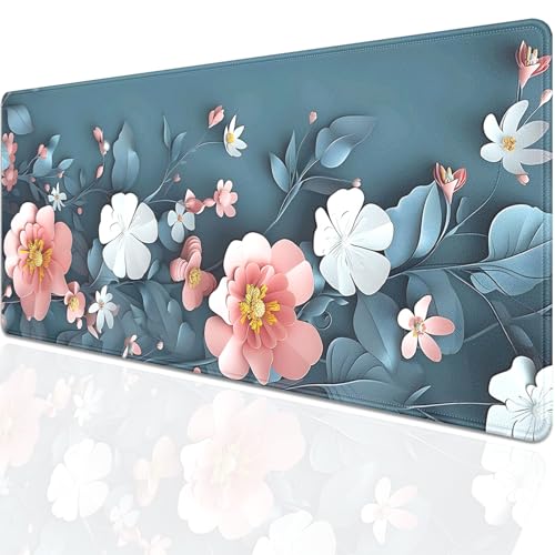 Blue Art Flowers Mouse Pad,Extended Abstract Floral Mousepad Desk Pad with Stitched Edges,Non-Slip Waterproof Rubber Base Mouse Mat for Office Computer Keyboard Laptop Home 27.5x11.8 in - color: Blue background flower