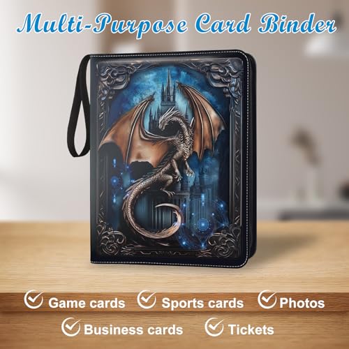9 Pocket Trading Card Binder 1008 Cards Collection Albums with 56 Removable Sleeves Card Book Holder Premium Leather Collection Storage Binders Compatible with TCG MTG Sport Cards(Dragon) - style: Dragon Card Albums