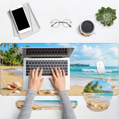Britimes Beach Tropical Coastal Keyboard Mouse Pad Set Ocean Seashell 4in1 Large Mousepad+Keyboard Wrist Rest+Mouse Wrist Rest+Coaster Ergonomic Design for Home Office Computer 35.4x15.7 inches - color: Beach Tropical Coastal