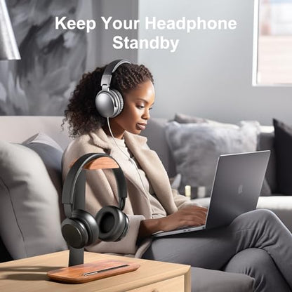 UPERGO Walnut Headphone Stand, Wood Headset Holder with Storage for Desk | Solid Walnut & Aluminum, Anti-Slip Base, Universal for Gaming Headsets & AirPods Max, Extra Storage Tray