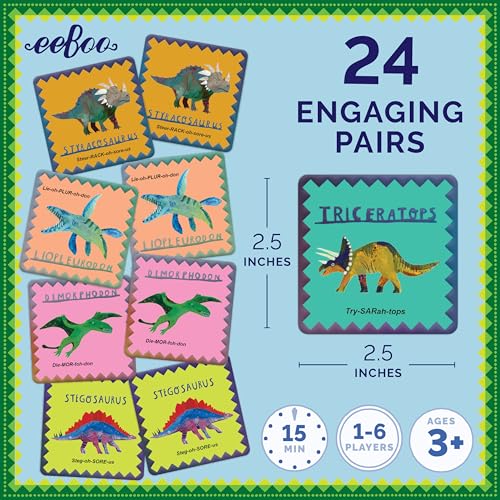 eeBoo Shiny Dinosaur Memory & Matching Game, Ages 3+, 1-4 Players | Teaches dinosaur names & pronunciation. Sharpens recognition, concentration & memory skills. Includes 48 foil tiles, 24 pairs - style: Shiny Dinosaur