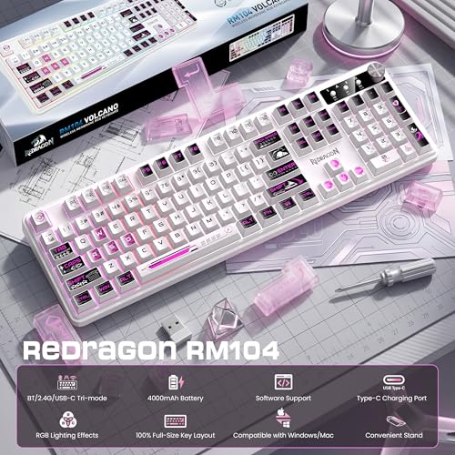 Redragon RM104 Wireless Keyboard with Knob, Tri-Mode BT/2.4G RGB Computer Keyboards, 4000mAh Battery, Programmable Software Support, Anti-Ghosting, Compatible with PC Mac - Pink & White - color: Pink & White