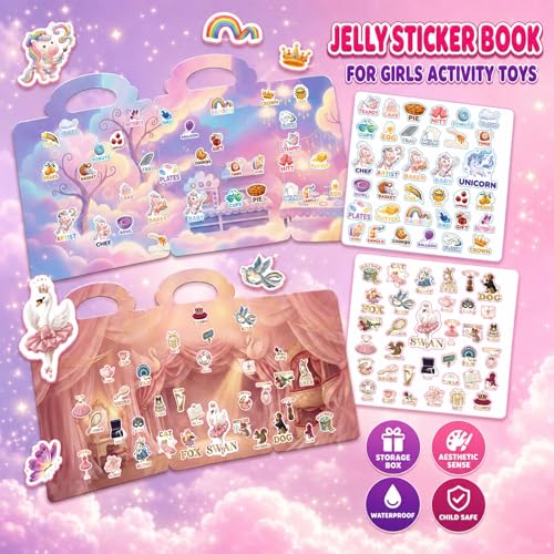 Reusable Jelly Sticker Books for Girls 3-8, Toddlers 2-4, 4 Sets | Unicorn, Mermaid, Ballet & Doll | Reusable Jelly Stickers Silicone | 3D Puffy Window Cling | Travel Gift | Girls Ages 2-8 - style: Unicorn/Mermaid/Ballet/Doll