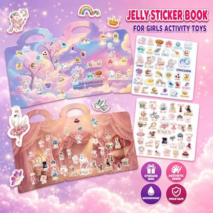 Reusable Jelly Sticker Books for Girls 3-8, Toddlers 2-4, 4 Sets | Unicorn, Mermaid, Ballet & Doll | Reusable Jelly Stickers Silicone | 3D Puffy Window Cling | Travel Gift | Girls Ages 2-8 - style: Unicorn/Mermaid/Ballet/Doll
