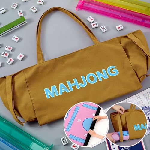 Abbylike 28x9 Inches Mahjong Bag for Rolled Mat Tiles Racks Pushers Accessories Empty Mahjong Tote Bag with Zipper Closure Outer Pockets Lining Large Capacity(Brown,Canvas) - color: Brown