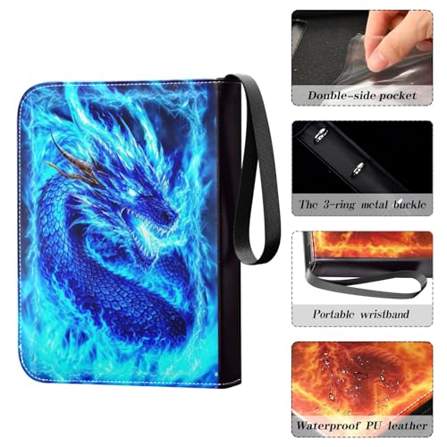 Blue Red Fire Dragon Card Binder, 4 Pocket Trading Card Holder with 50 Removable Sleeves, Zipper Card Binder Fits 400 Cards, Collection Card Storage Case Album Book Gifts - color: Dragon