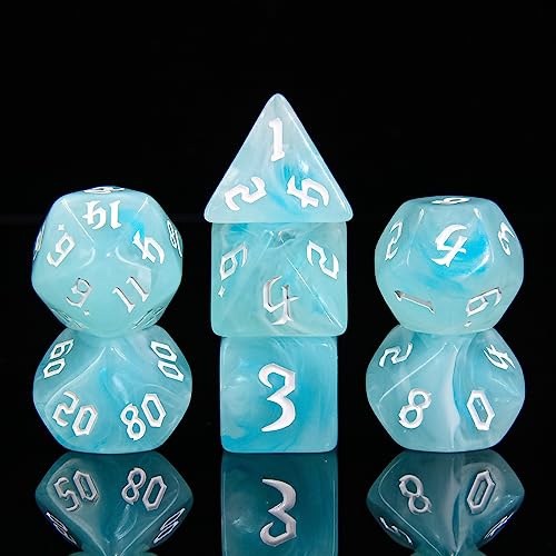 7PCS Polyhedral DND Dice, D&D Dice Set Filled with White and Blue Swirls for Role Playing Dice Games as DND RPG MTG Table Games - color: White and Blue