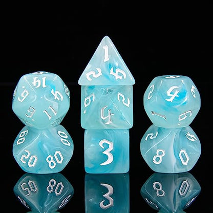 7PCS Polyhedral DND Dice, D&D Dice Set Filled with White and Blue Swirls for Role Playing Dice Games as DND RPG MTG Table Games - color: White and Blue