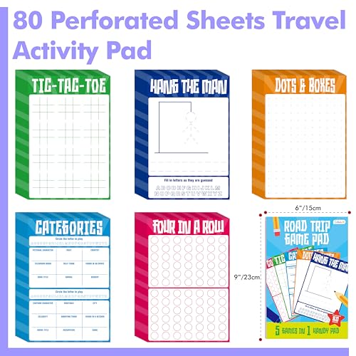 Road Trip Game Pad, 80 Perforated Sheets Travel Activity Pad, 5 Games in 1 Pad, Plane, Car Trip Activity, Pen Pencil & Paper Game for Kids, Adults (6” x 9”) - style: Classic