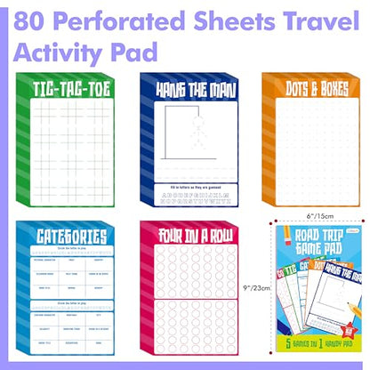 Road Trip Game Pad, 80 Perforated Sheets Travel Activity Pad, 5 Games in 1 Pad, Plane, Car Trip Activity, Pen Pencil & Paper Game for Kids, Adults (6” x 9”) - style: Classic