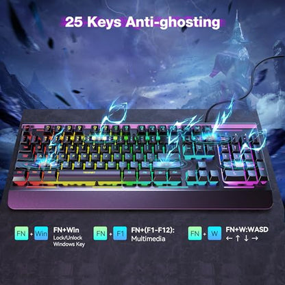 TECKNET Wired Gaming Keyboard, RGB Backlit Keyboard with Metal Panel Design | 15-Zone RGB Illumination, Whisper Quiet Design, IP32 Water Resistance, 25 Anti-ghosting Keys, Ergonomic Design - color: Black
