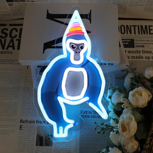 Ice Blue Gorilla Neon Sign for Wall Decor Dimmable Monkey Led Neon Light for Game Room Man Cave Bedroom Birthday Party Bar Decor Gifts for for Gamers Kids,5V USB - color: Colorful, Binglanxingxing