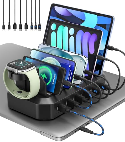 95W Fast Charging Station for Multiple Devices, 6-Port USB Charging Dock | Patent & Safety Certs, 2 PD Ports, With 8 Cables, 2 Stands, Compatible with Cellphones/iPad/MacBook/Kindle/Tablets - color: Black