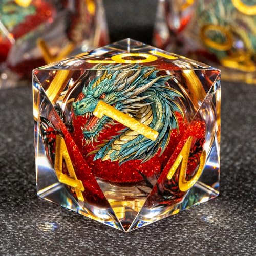 KERWELLSI Liquid Core Dragons Pattern Dice, Resin DND Dice Set with Gift Box, Red and Gold Sharp Edged Dungeons D&D Dice, Role Playing Game Dice D20 D12 D10 D8 D6 D4
