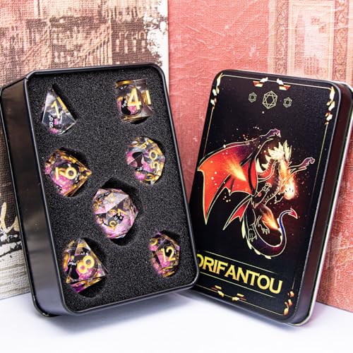 DND Cat Dice Set Pink Sharp Edge Dice with Box, RPG D and D Dice Dungeons Dragons Role Playing Game Polyhedral Resin Dice Set D20 D12 D10 D8 D6 D4 - color: Pink Gold