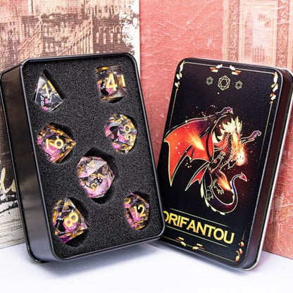DND Cat Dice Set Pink Sharp Edge Dice with Box, RPG D and D Dice Dungeons Dragons Role Playing Game Polyhedral Resin Dice Set D20 D12 D10 D8 D6 D4 - color: Pink Gold