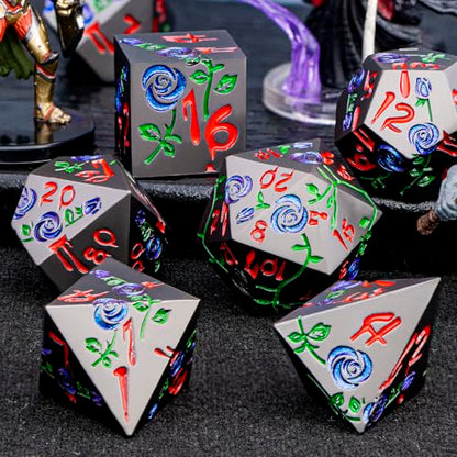 Gothic DND Dice Set Bleeding Rose Metal D and D Dice for use with Dungeons Dragons D&D Role Playing Game, Purple Blue RPG Blood Polyhedral Dice Set D20 D12 D10 D8 D6 D4 - color: Purplish Blue&black&red Numbers