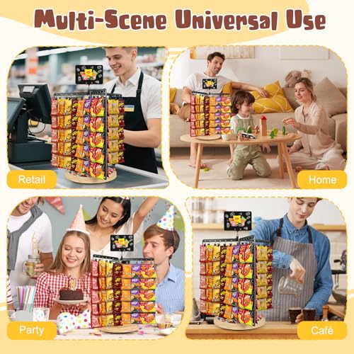 Chip Rack Display Stand, 6-Side 5-Tiers Chip Holder Display with 80 Adjustable Clips, Wooden Base Countertop Snack Organizer for Concession Stand, Parties - With Message Board & Pen - size: Fixed use