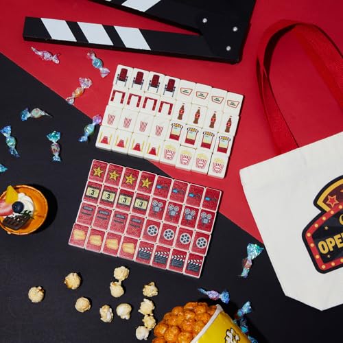 Hollowfly 2 Player Mahjong Block Set with Storage Bags 65 Tiles 30 mm Movie Night Mahjong Push Tile Game with Movie and Food Pattern No DIY Required for Friend Family Game Night Party Gift - style: Movie Night