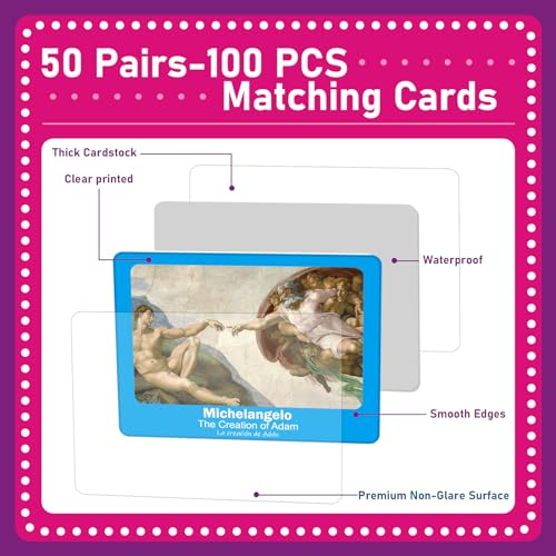 gisgfim 100 PCS Memory Matching Game Famous Paintings Concentration Memory Card for Adults Learning Educational Game A Fun & Fast Artworks Theme Matching Games - style: Famous Paintings