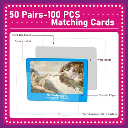gisgfim 100 PCS Memory Matching Game Famous Paintings Concentration Memory Card for Adults Learning Educational Game A Fun & Fast Artworks Theme Matching Games - style: Famous Paintings