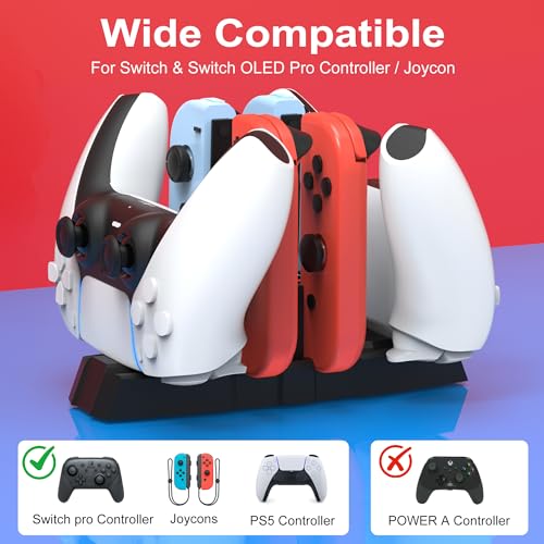 iPLYGAM Controller Charger Dock for Nintendo Switch Pro Controller/JoyCon, Controllers Charging Dock with LED Indicator and Charger Cable for PS5 Controllers, 6 in 1 Gamepad Charging Stand