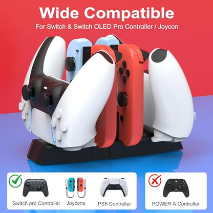iPLYGAM Controller Charger Dock for Nintendo Switch Pro Controller/JoyCon, Controllers Charging Dock with LED Indicator and Charger Cable for PS5 Controllers, 6 in 1 Gamepad Charging Stand