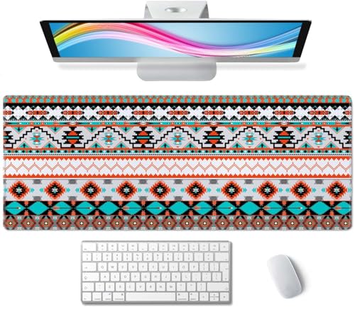 Large Gaming Mouse Pad with Stitched Edges, Colorful Aztec Pattern Desk Mat, Extended XL Keyboard Pad, Non-Slip Rubber Base Desk Pad for Keyboard and Mouse, 31.5X11.8 inch - color: Colorful Aztec Pattern