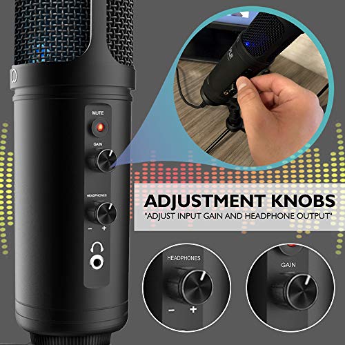 JOVIAL Pyle USB PC Recording Condenser Microphone, Portable Pro Audio Condenser Desk Mic, Blue LED, Adjustable Gain, Headphone Jack, Mute Control, Tripod Stand, for Podcast Streaming Gaming
