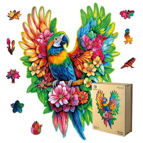 Wooden Puzzles for Adults Floral-Winged Parrot Puzzle - Laser-Cut Unique Shaped Stress Relief Jigsaw Puzzle, Wall Art Home Decor Gift for Family, Christmas Thanksgiving Gifts (14.9"×11.1" 200pcs) - color: Parrot, size: Medium(200Pieces)