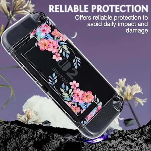DLseego Protective Case Flower Floral Clear Switch 2 (2025), Detachable Joy-Handle Protective Case 2-Piece Split Full Wrap PC Hard Shell Anti-Scratch All-Round Protection Cover, Peach Blossom, Pink - color: Pink