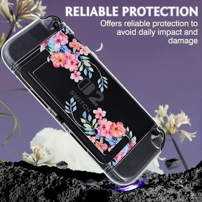 DLseego Protective Case Flower Floral Clear Switch 2 (2025), Detachable Joy-Handle Protective Case 2-Piece Split Full Wrap PC Hard Shell Anti-Scratch All-Round Protection Cover, Peach Blossom, Pink - color: Pink