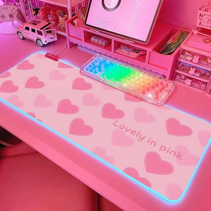 JMIYAV Pink Love Heart RGB Gaming Mouse Pad 31.5x12 Inch Cute Mousepad PC XL Large Extended Glowing Led Light Up Desk Pad Non-Slip Rubber Base Computer Mat Desk Accessories Gaming Setup Sweet Hearts - color: Sweet Hearts