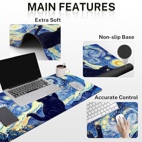 Britimes Cat Blue Moonlight Keyboard Mouse Pad Set Oil Painting Abstract 4in1 Large Mousepad+Keyboard Wrist Rest+Mouse Wrist Rest+Coaster Ergonomic Design for Home Office Computer 35.4x15.7 inches - color: Cat Blue Moonlight