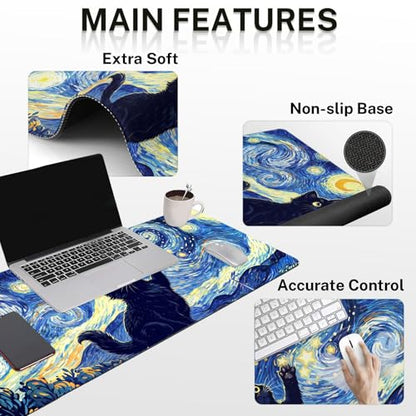 Britimes Cat Blue Moonlight Keyboard Mouse Pad Set Oil Painting Abstract 4in1 Large Mousepad+Keyboard Wrist Rest+Mouse Wrist Rest+Coaster Ergonomic Design for Home Office Computer 35.4x15.7 inches - color: Cat Blue Moonlight