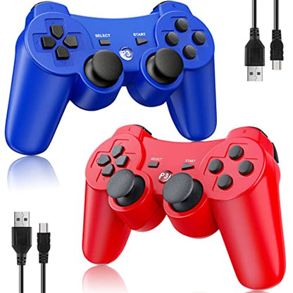 OKHAHA 2 Pack Wireless Controller Compatible with PlayStation 3 (PS3), Bluetooth, Rechargeable with Motion Sensor (No Stripes, Blue + Red) - color: No Stripes(Blue + Red)